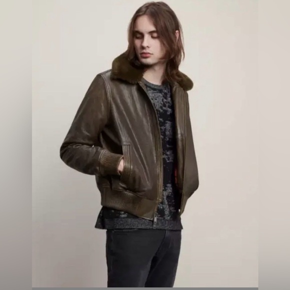 John Varvatos TommyLeather Bomber with Removable Shearling Collar Small - Picture 2 of 16